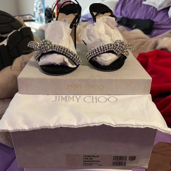 Jimmy Choo Black and Silver Heels with Crystal Embellishments - Picture 2 of 9